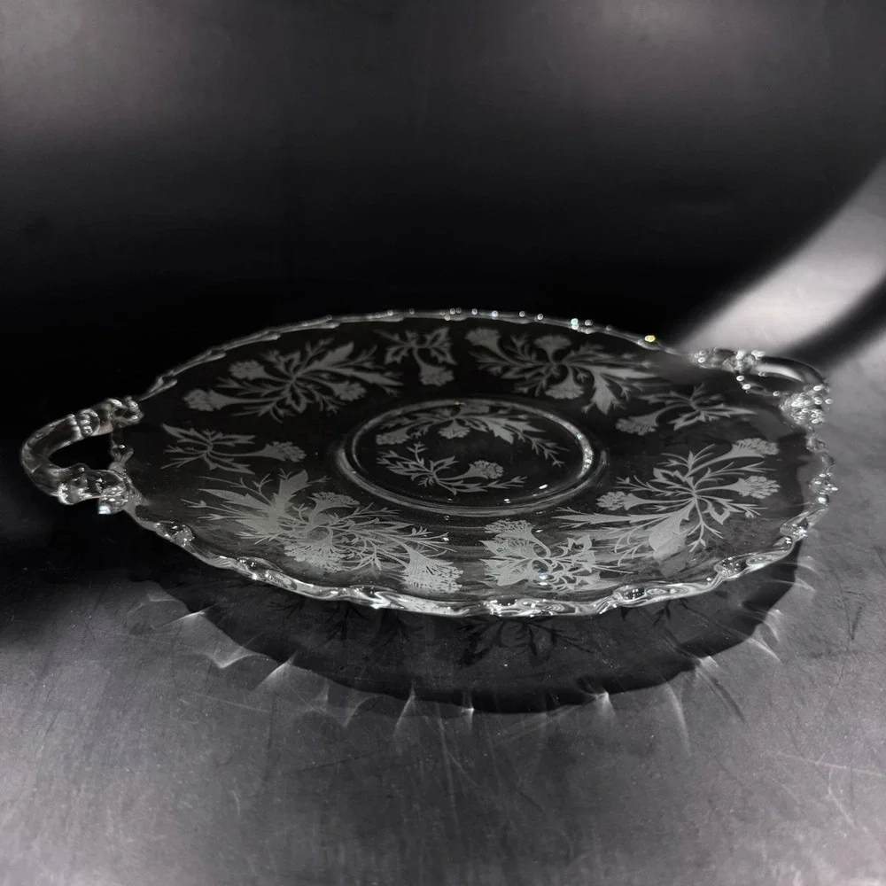 Vintage 9' Pressed Glass Serving Plate w Handles Floral Pattern‎ Scalloped Edge